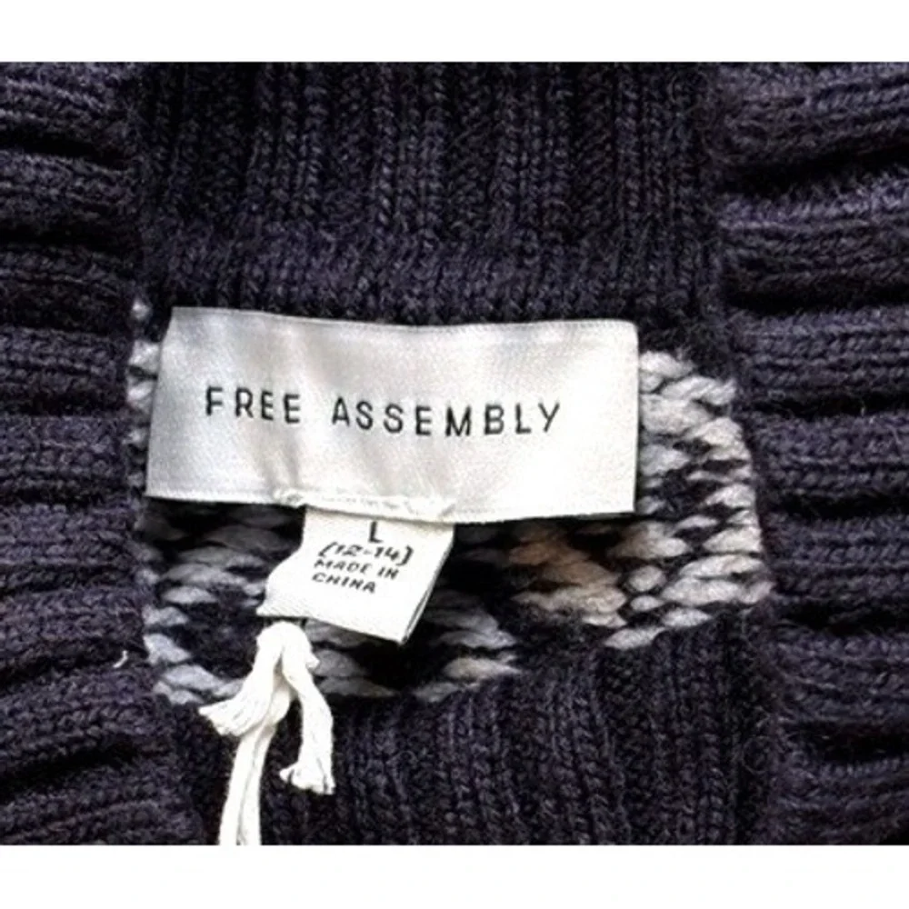 Dark Navy & White Fair Isle Nordic Sweater Sz L Mock Neck Hi-Low Wool Blend NEW